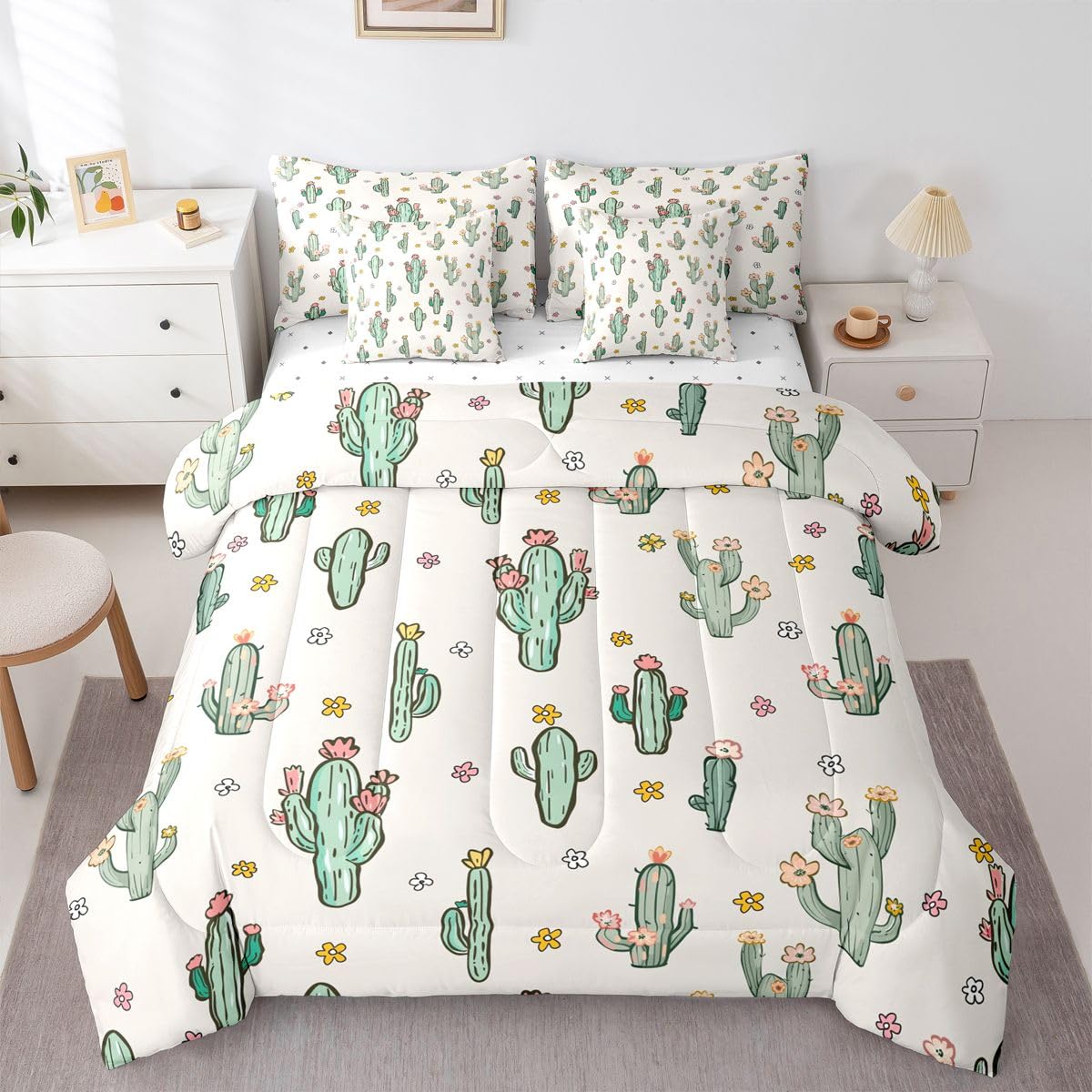 Erosebridal Cactus 7 Piece Bedding Set Queen Western Comforter Set with Sheets Cute Cartoon Flowers Desert Plant Bed in a Bag Retro Red Floral Green Botanic for Kids Boys Girls