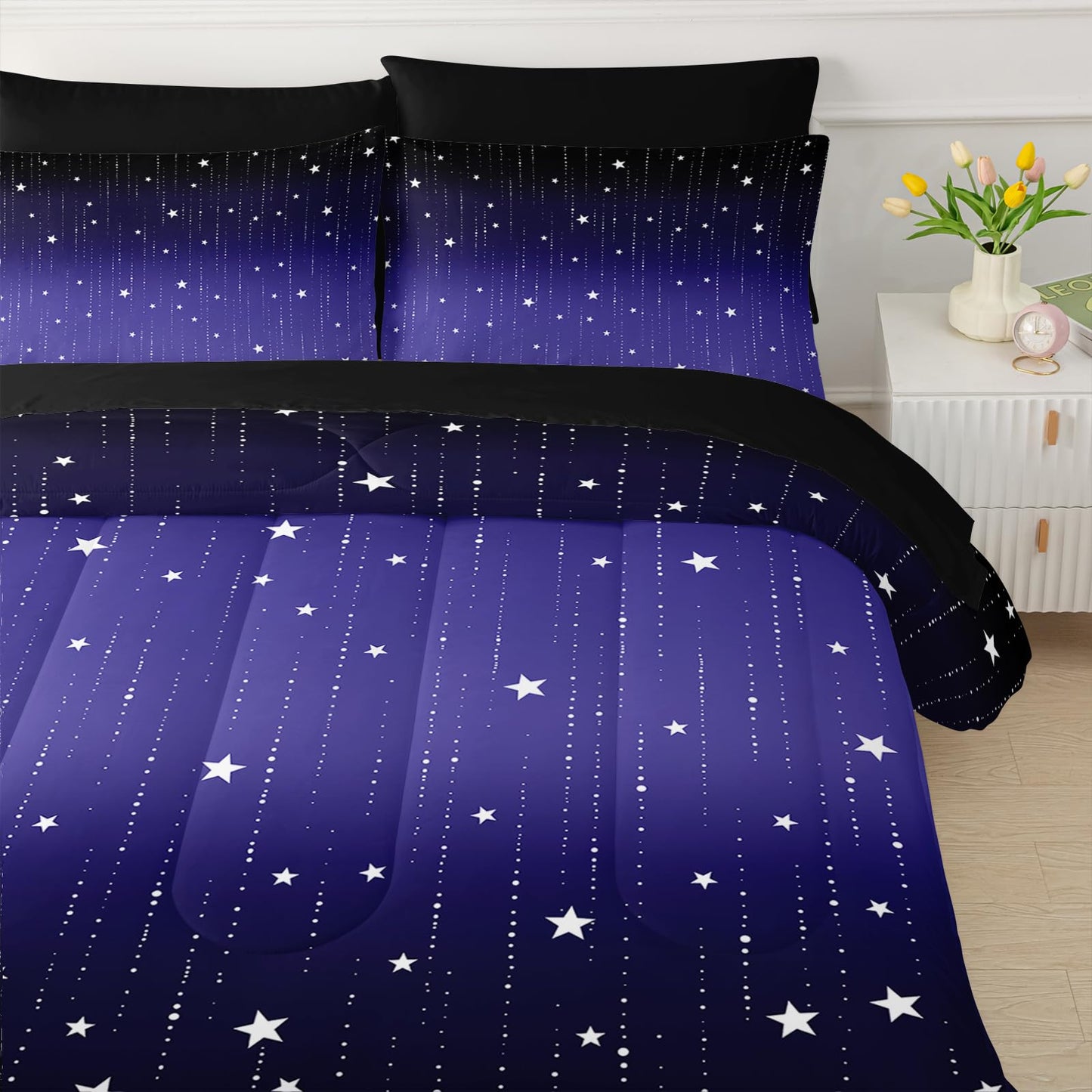 QOOMO Blue Galaxy 7 Pieces Comforter Set Queen Size,Starry Sky Bedding Set for Kids Teens Boys-Include 1 Comforter,1 Fitted Sheet,1 Flat Sheet,2 Printing Pillowcases and 2 Black Pillowcases