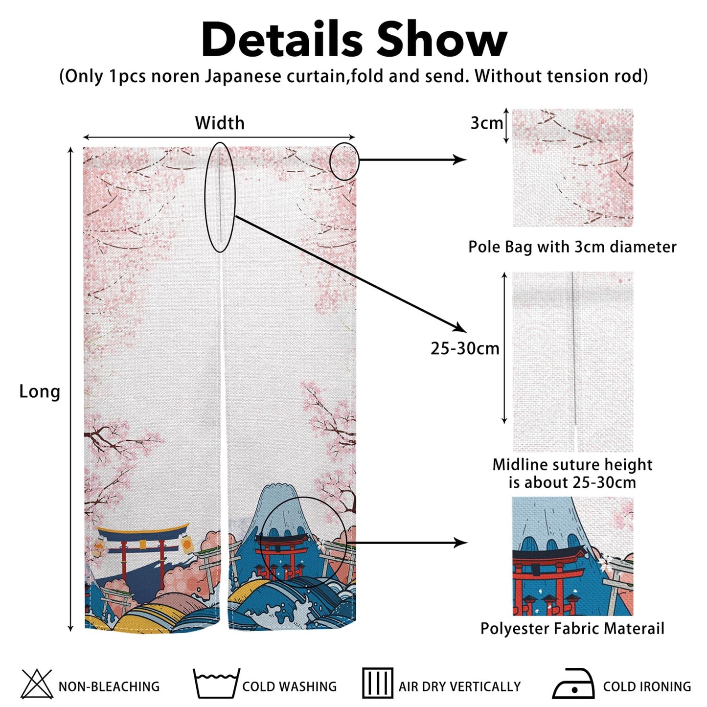 Leowefowa Japanese Doorway Curtain Noren Artistic Painting Door Tapestry Sakura Mount Fuji Pattern Window Treatment Panels for Hanging Room Divider Kitchen Door Curtains Home Decor, 33.5"x 70.9"