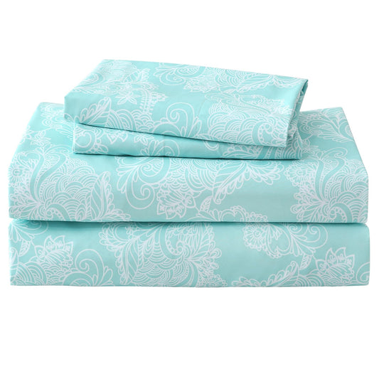 ChicView Queen Size Paisley Printed Sheet Set,4 Pieces Boho Style Breathable Soft Microfiber Bedsheets, Anti Pilling Deep Pockets Easy Care Bed Sheets, Blue