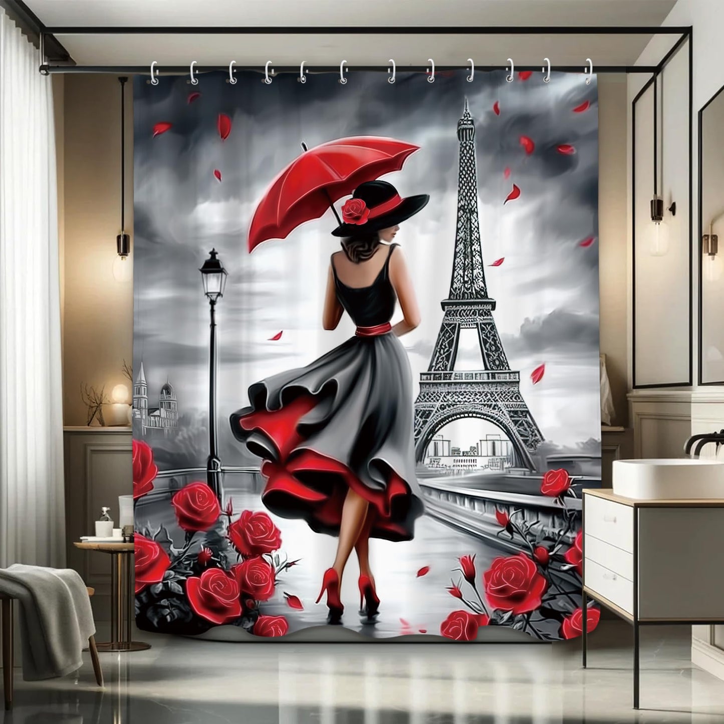 Glioown Black Red Paris Eiffel Tower Shower Curtain 60Wx71L, Elegant Lady Romantic Shower Curtains for Bathroom, Rose Scenery Shower Curtain Set 12 Pack Hooks