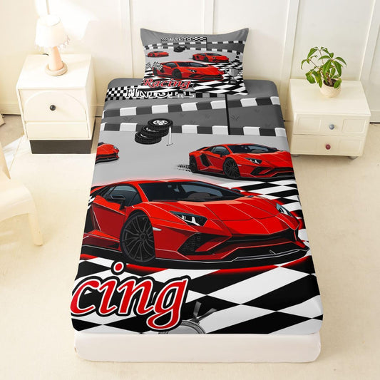 Feelyou Boys Sports Car Fitted Sheet with 1 Pillowcase Twin Size Red Speed Race Car Bed Sheets Set 16" Deep Pocket Boys Girls Racing Extreme Sports Bedding Teens Bedroom Decor Breathable Lightweight