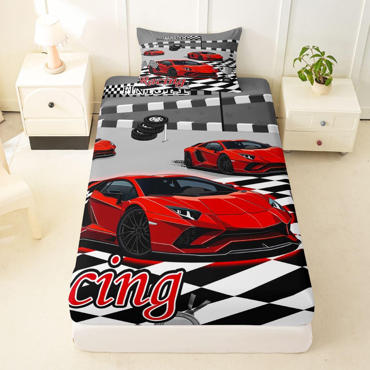 Feelyou Boys Sports Car Fitted Sheet with 1 Pillowcase Twin Size Red Speed Race Car Bed Sheets Set 16" Deep Pocket Boys Girls Racing Extreme Sports Bedding Teens Bedroom Decor Breathable Lightweight