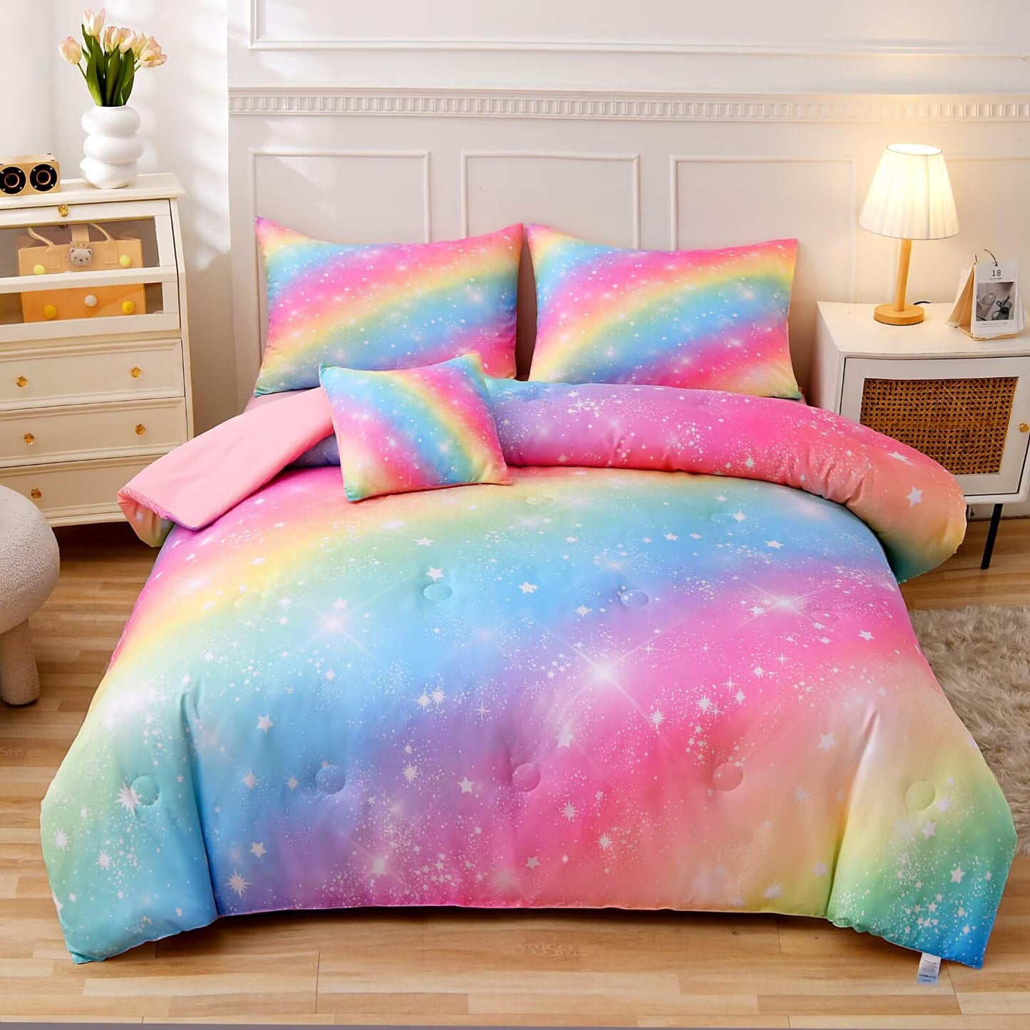 GRAT TIOC 6 Pieces Pink Twin Comforter Set for Girls,Kids Glitter Galaxy Rainbow Bedding Sets Bed in A Bag (1 Comforter, 1 Flat Sheet,1 Fitted Sheet,2 Pillowcases and 1 Cushion Cover)