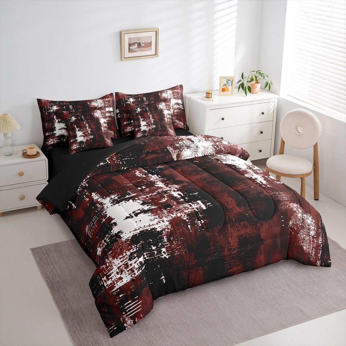 Feelyou Abstract Comforter Set with Sheets 7 Piece Queen Size Modern Abstract Art Bed in a Bag Kids Boys Girls Black Wine Bedding Set Luxury Bedroom Decor Geometric Breathable Soft Microfiber