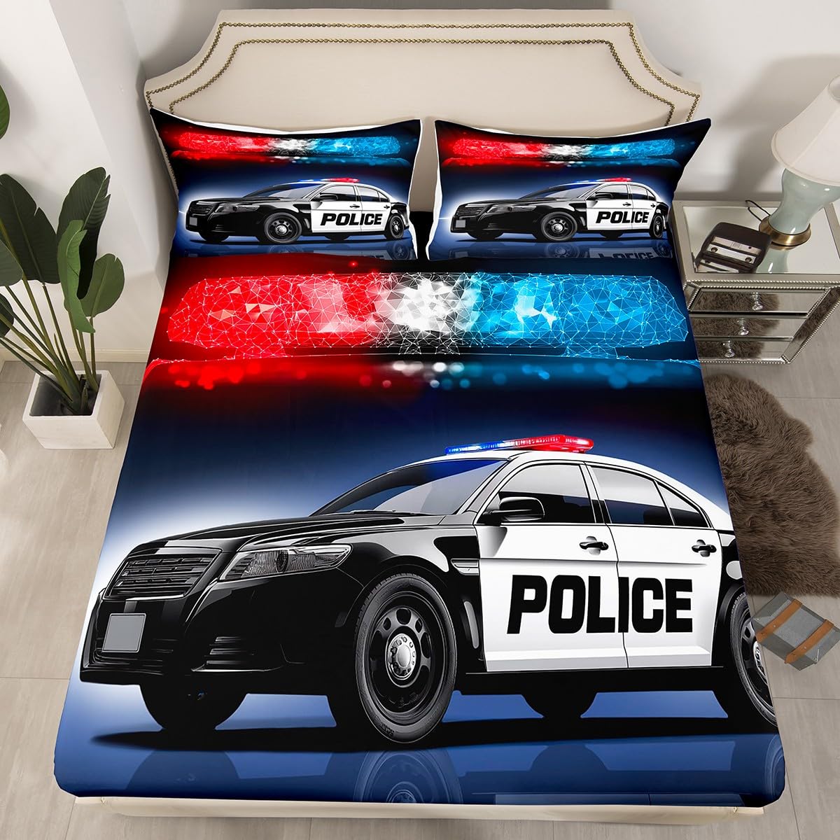 Erosebridal Boys Police Car Bed Sheet Set King Size Kids Children Policeman Vehicle Bedding Sets Red Blue Cop Lights Sheet Set Geometric Graphic Deep Pocket Fitted Sheet+ Flat Sheet + 1 Pillow Case