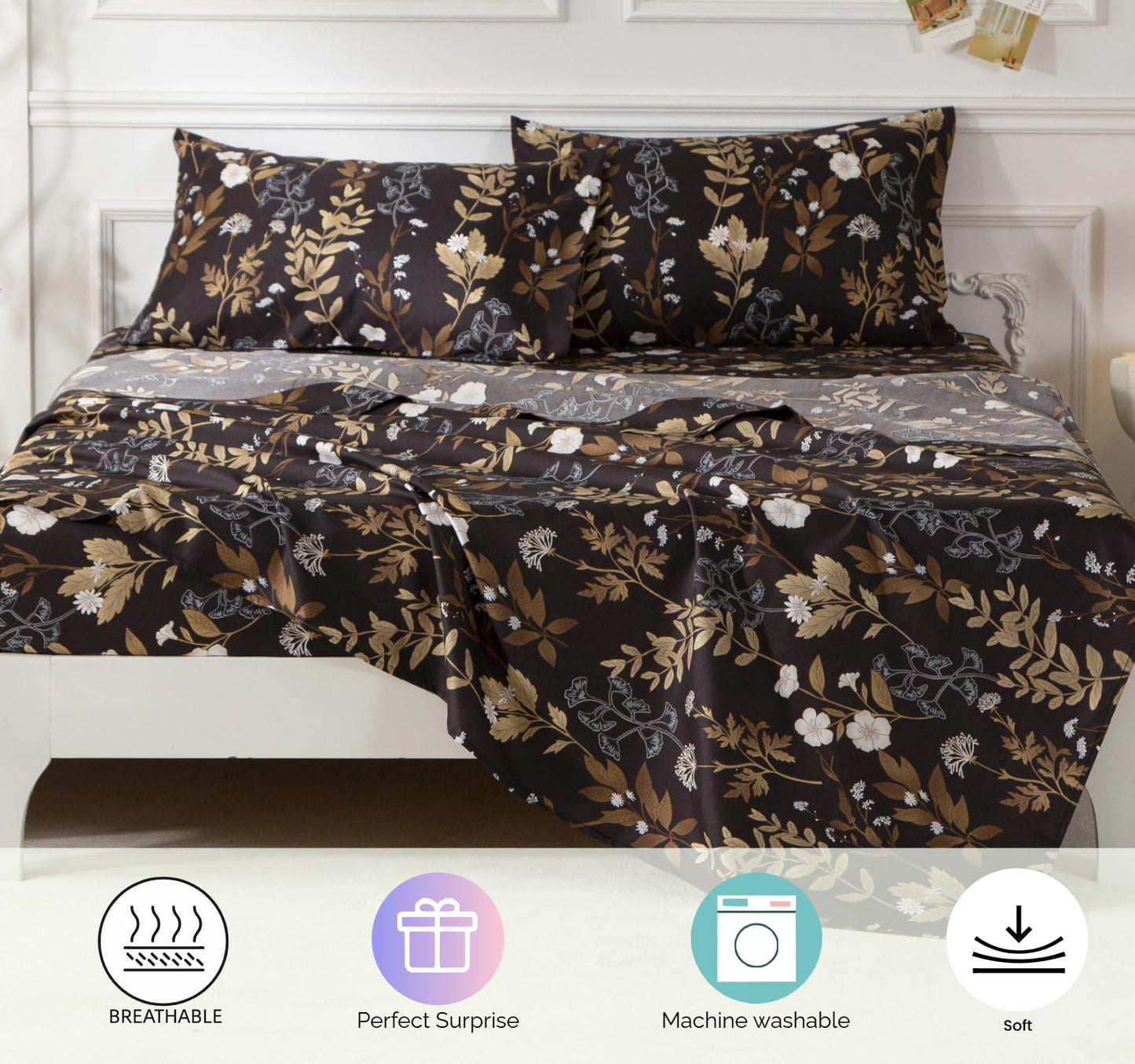 SDY 7PCS Twin Dark Floral Comforter and Sheet Set，Cute Soft Black Flower Microfiber Bedding Sets for Man Woman Adult Includes 1*Comforter,1* Flat&Fitted Sheet,2*Pillowcases,2*PillowcaseShams