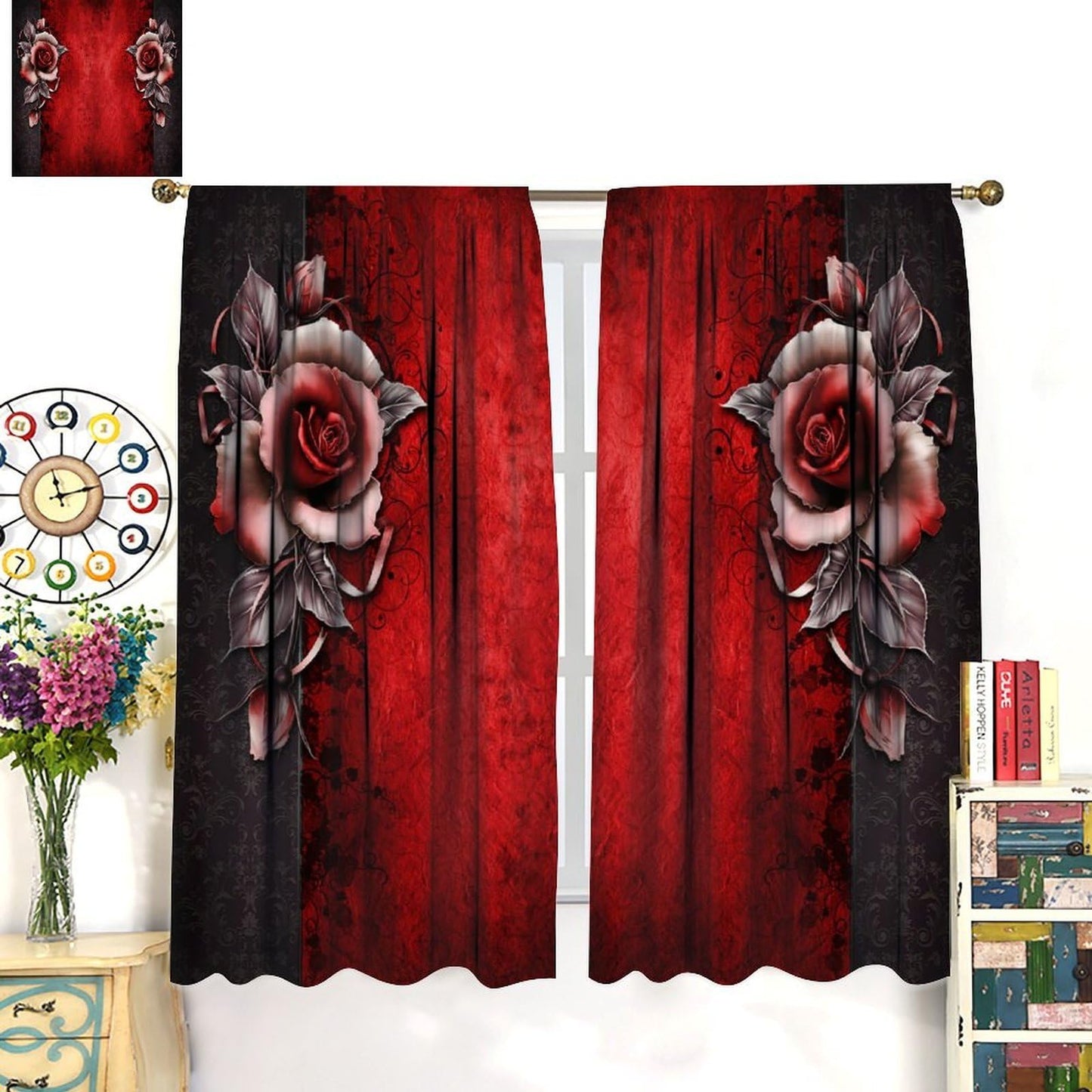 GoDazzling Retro Gothic Dream Rose Curtains, Red Rose Flower Abstract Rod Pocket Window Drapes, for Bedroom Living Room 41" W X 45" L (No Blackout)
