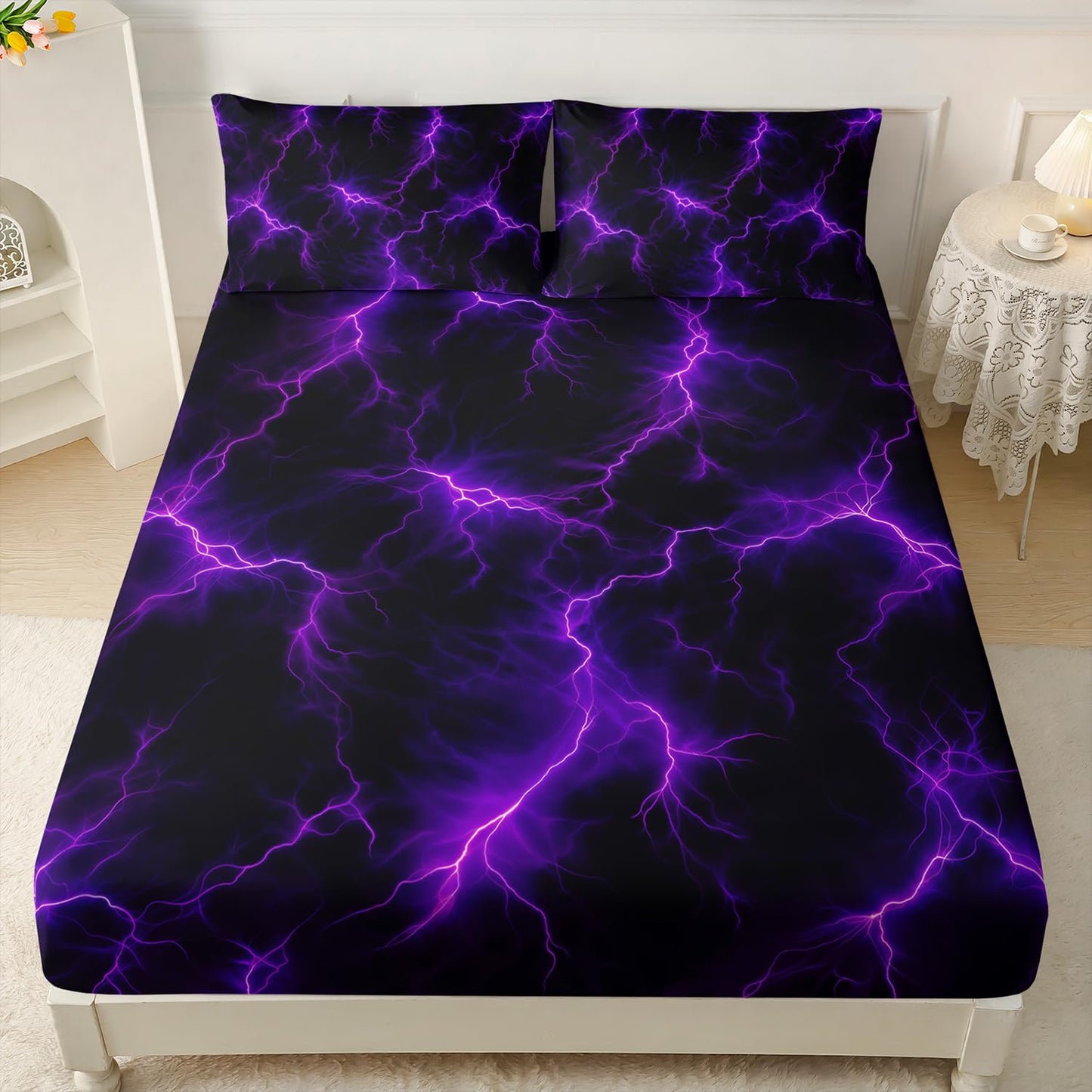 HOSIMA Lightning Fitted Sheet Twin Size, Abstract Neon Game Bedding Set for Boys & Girls, 1 Fitted Sheet + 2 Pillowcases