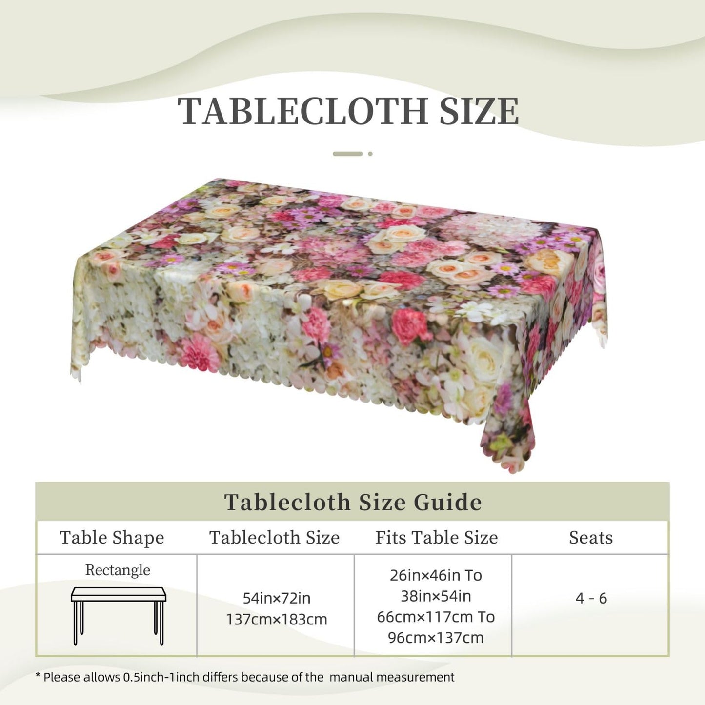 GOUROISE Blossom Beautiful Pink Flowers Rectangular Tablecloth, Rose 54x72 Inch Wavy Lace Border Polyester Table Cloth for Dining, Kitchen, Parties