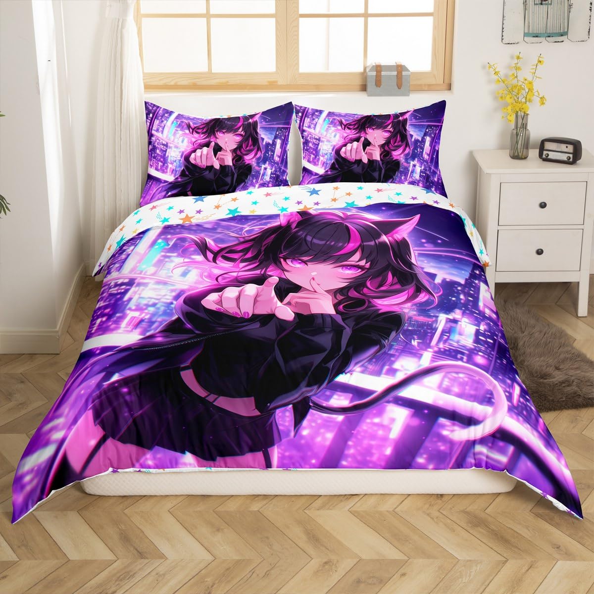 Erosebridal Kids Anime Girl Full Size Duvet Cover, Japanese Anime Bedding Set, Cartoon Girl Comforter Cover for Boys Teens Bedroom Decor, Kawaii Japanese Animation Bed Set with 2 Pillow Cases