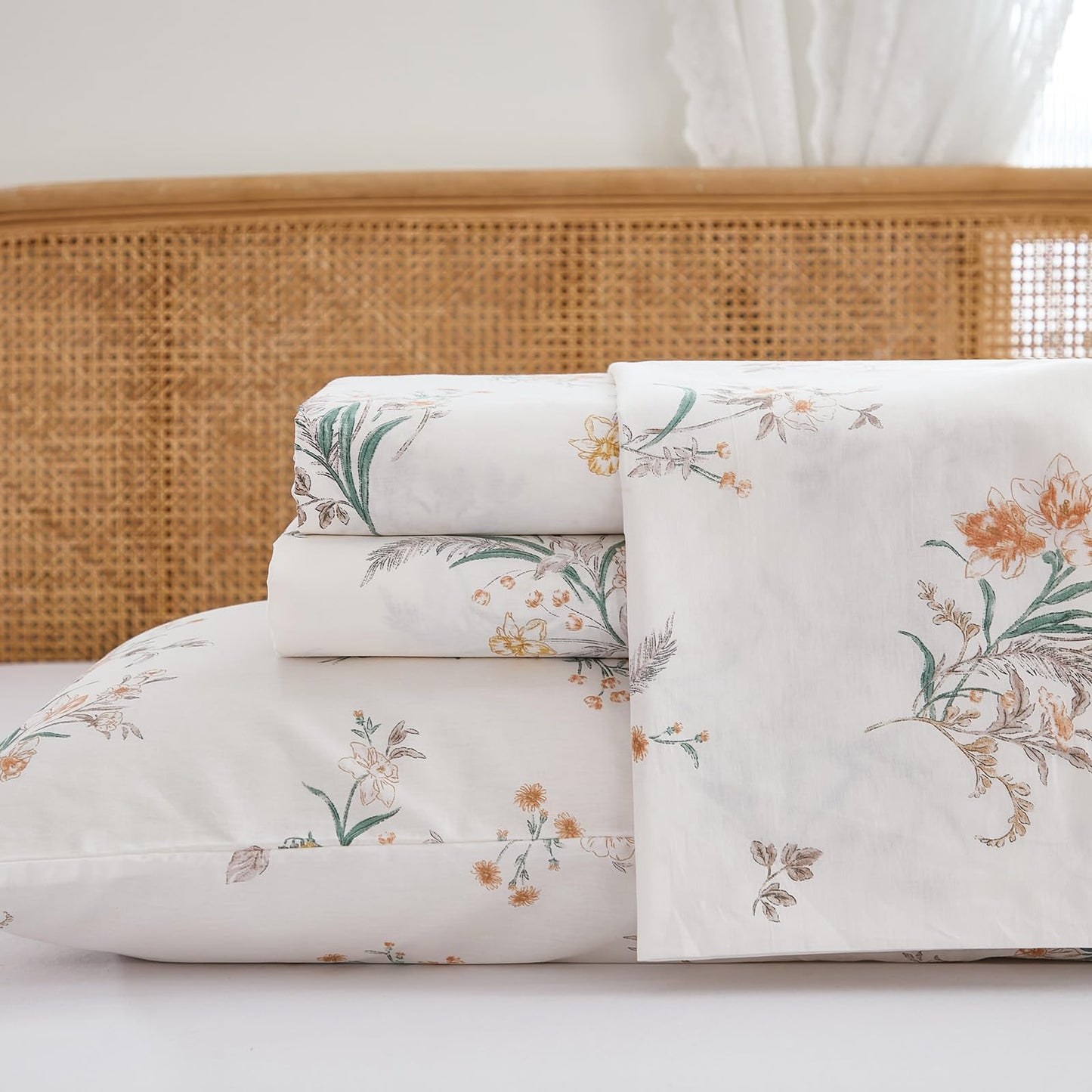 Cozaline 100% Cotton Sheet Set King Size – 4-Piece Shabby Chic Floral Bedding Set, Soft Breathable Percale Weave, Deep Pocket Fitted Sheet 17.5", Crisp Cool Feel, Refined Botanical Elegance
