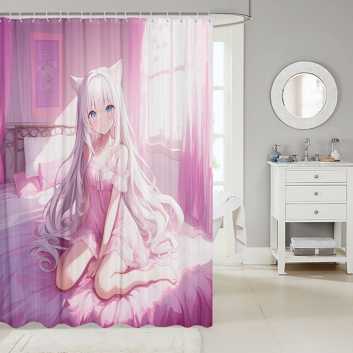 Erosebridal Japanese Anime Fabric Shower Curtain,Anime Girl Bathroom Accessories 72" W X 72" L Kawaii Japanese Style Shower Curtain Cartoon Japan Animation Waterproof Decor for Kids Boys Women