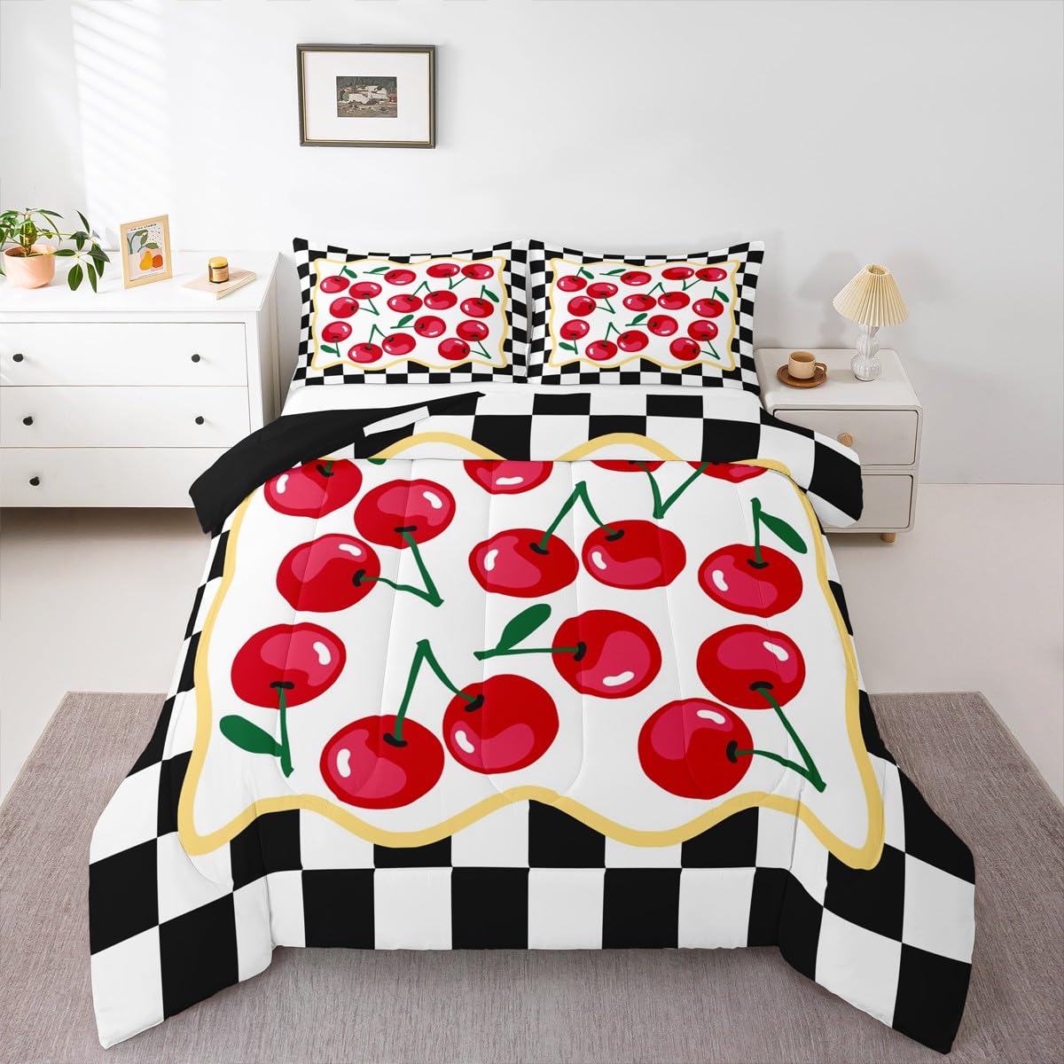 Cartoon Cherry Kids Comforter Set Twin Size,Geometric Checkerboard Plaid Patchwork Bedding Set,Girls Princess Room Decor,Tropical Fruit Summer Down Comforter,Red Black Duvet Insert,1 Pillowcase