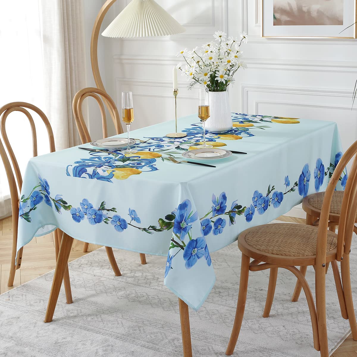 SASTYBALE Lemon Tablecloth Rectangle 52 x 70 Inch, Spill Proof Wrinkle Free Fabric Table Cloth, Polyester Table Cover for Summer/Dining/Party/Indoor/Outdoor, Blue