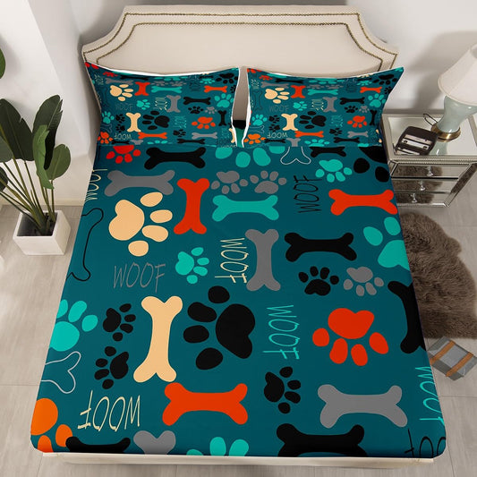 Pup Paw Print Bed Sheets for Girls Boys, Colorful Bones Fitted Sheet for Kids Dog Lovers, Multicolor Puppy Claw Marks Bedding Sets, Lovely Pet Animal Themed Bedroom Decor Twin Size