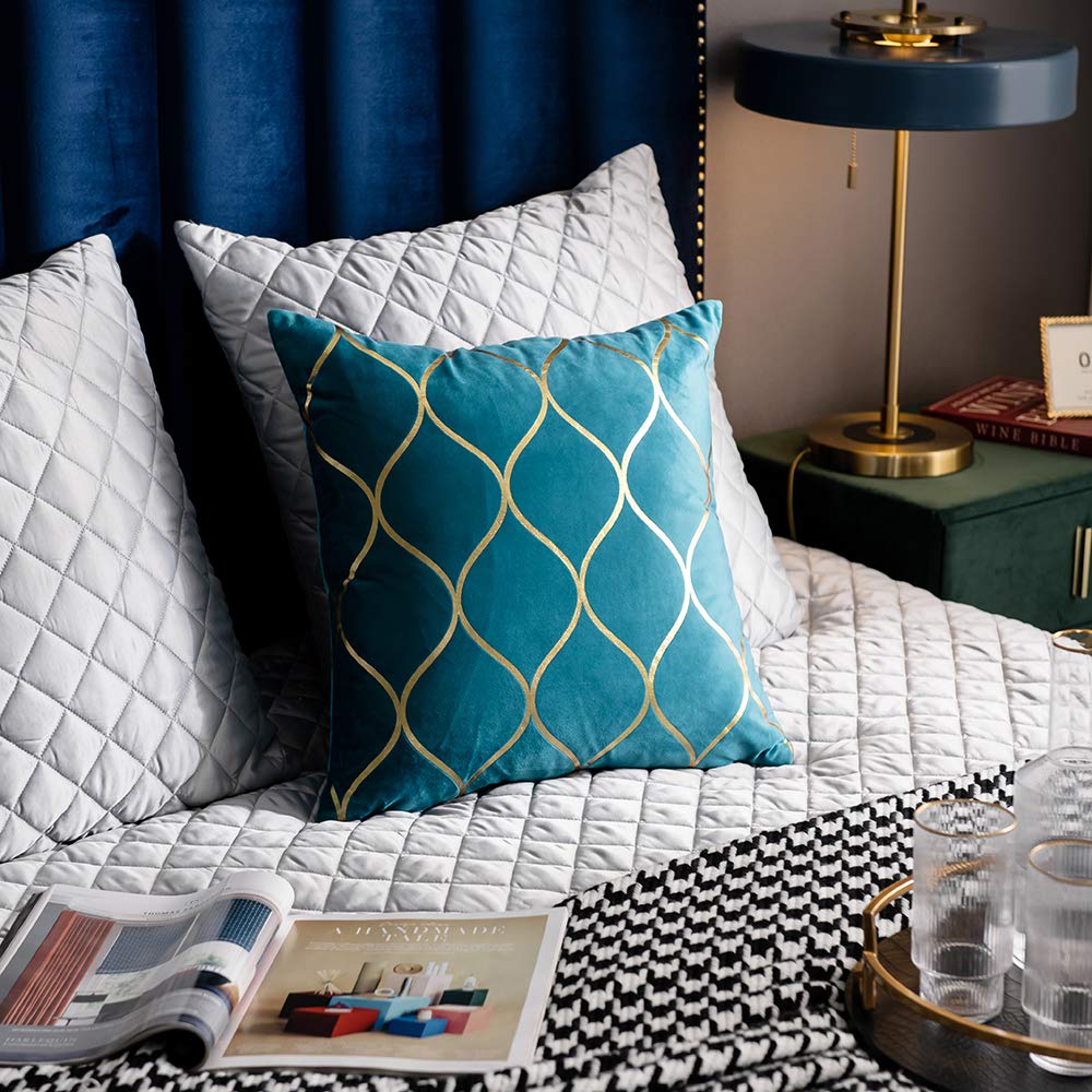 DEZENE 20x20 Inch Gold Velvet Throw Pillow Covers: 2 Pack Square Decorative Pillow Cases for Bedroom Sofa Couch Living Room, Turquoise
