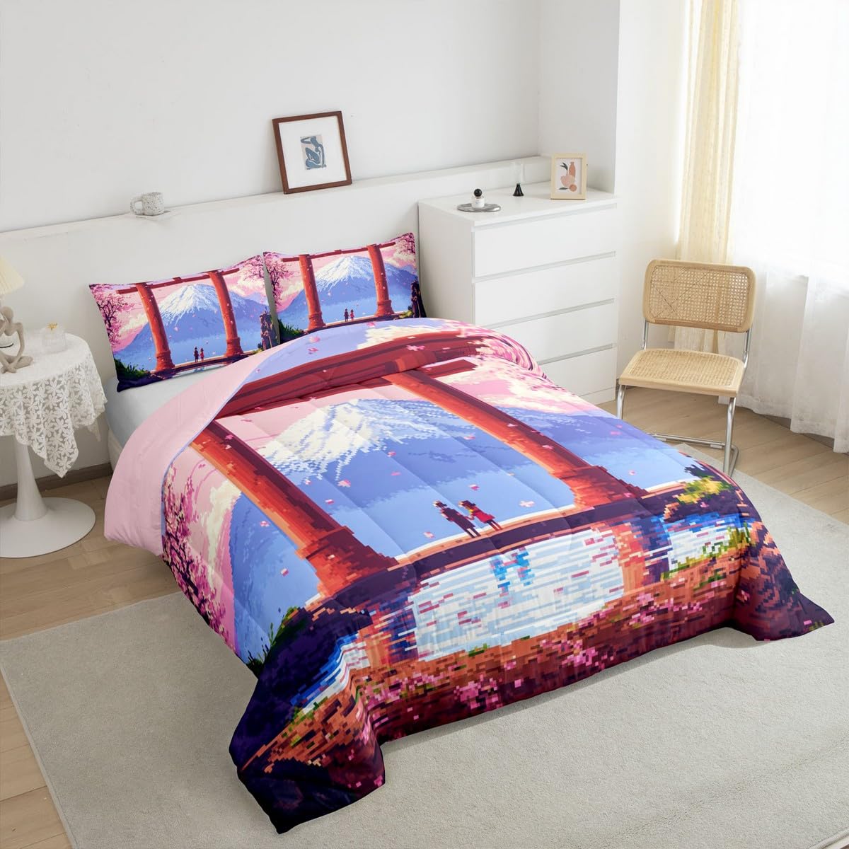 jejeloiu Pink Japan Bedding Set 2Pcs Twin Size Kids Anime Mount Fuji Comforter Set for Boys Girls Pixel Duvet Quilt Soft Lightweight,Microfiber