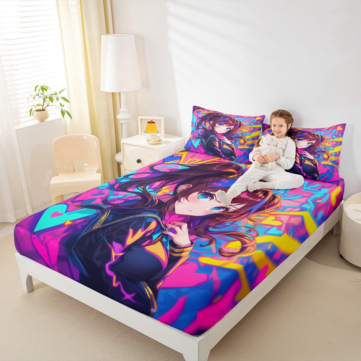 Erosebridal Anime Girl Full Fitted Sheet, Japanese Anime Bed Sheets for Kids Girls Teens Adult Bedroom, Cartoon Girl Bedding Set Kawaii Japanese Animation Sheets 3 Piece, Purple