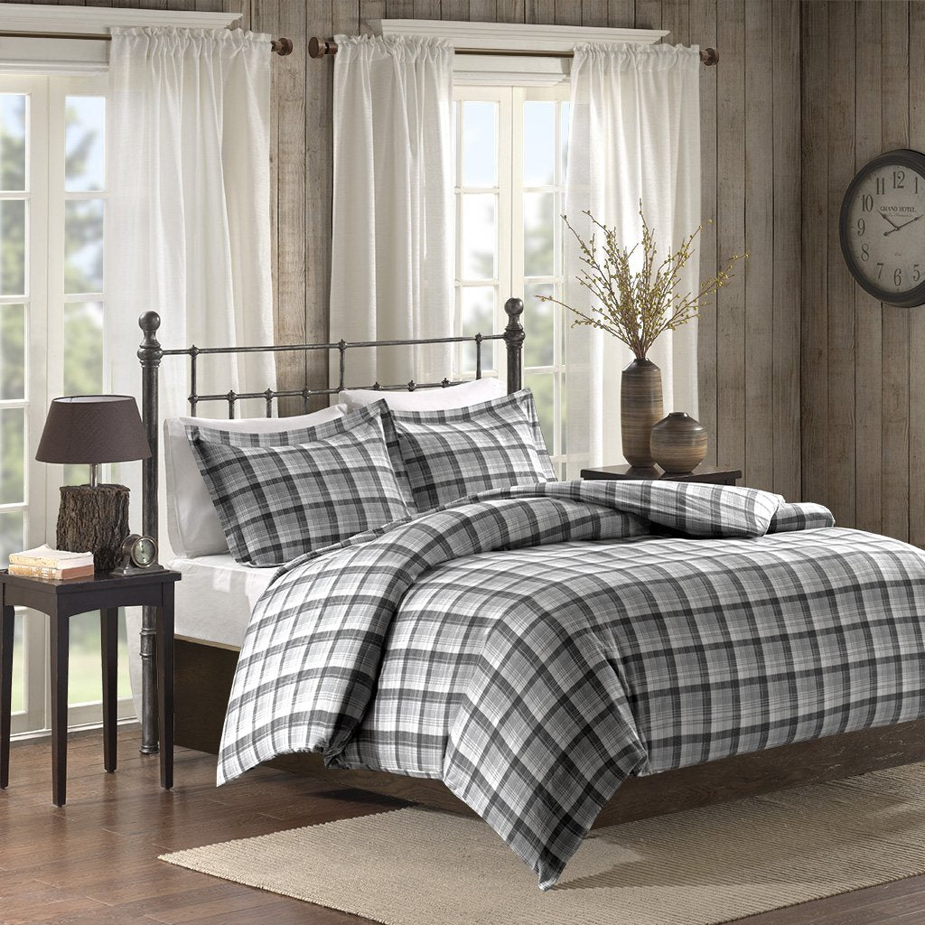 Woolrich Cotton Sheet Set Cottage Charms Print, 100% Cotton Flannel Sheets Warm & Fuzzy Bedding Set Queen Size Sheets, Fitted Pocket Fits Up to 14" Mattress, Queen Grey Plaid, 4 Piece