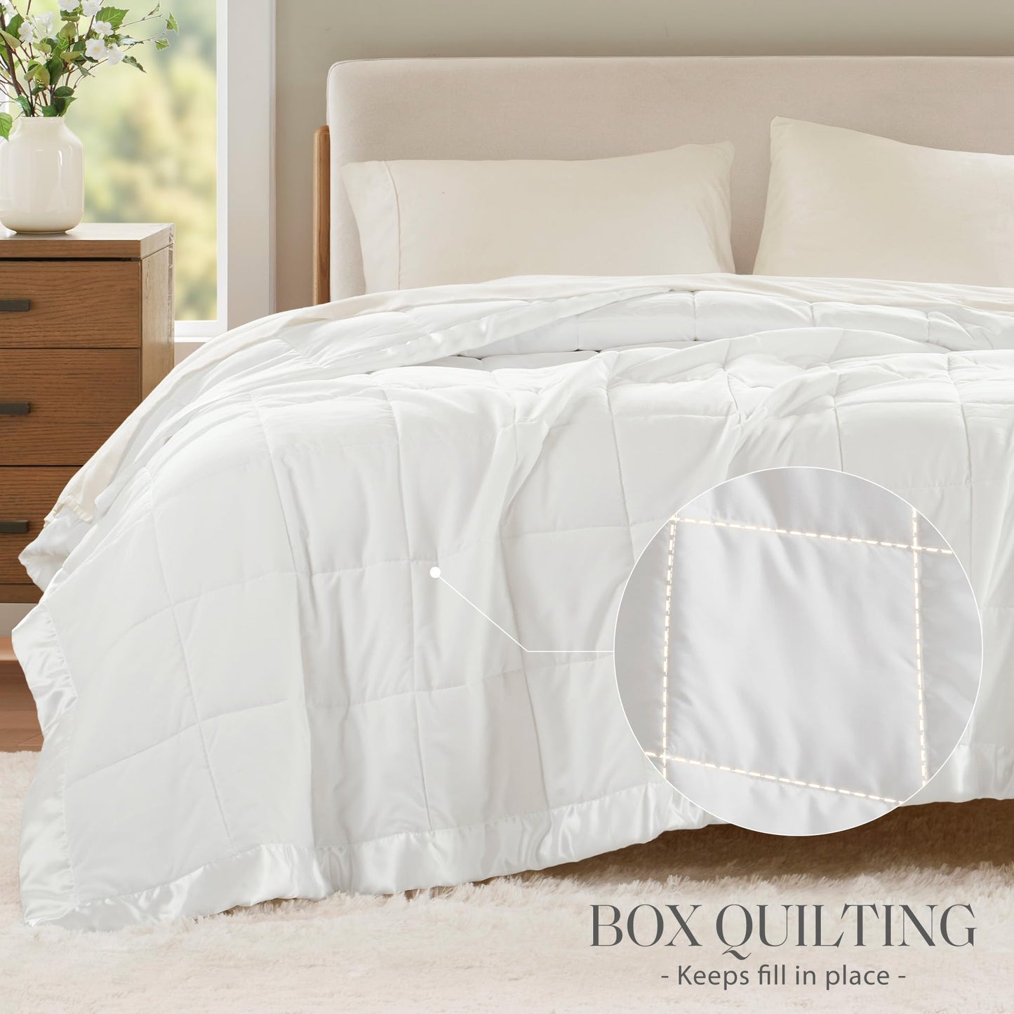 Madison Park Windom Down Alternative Blanket, Premium 3M Scotchgard Moisture Wicking Treatment, Lightweight and Soft Bed Cover For All Season, Satin Trim, White Full/Queen