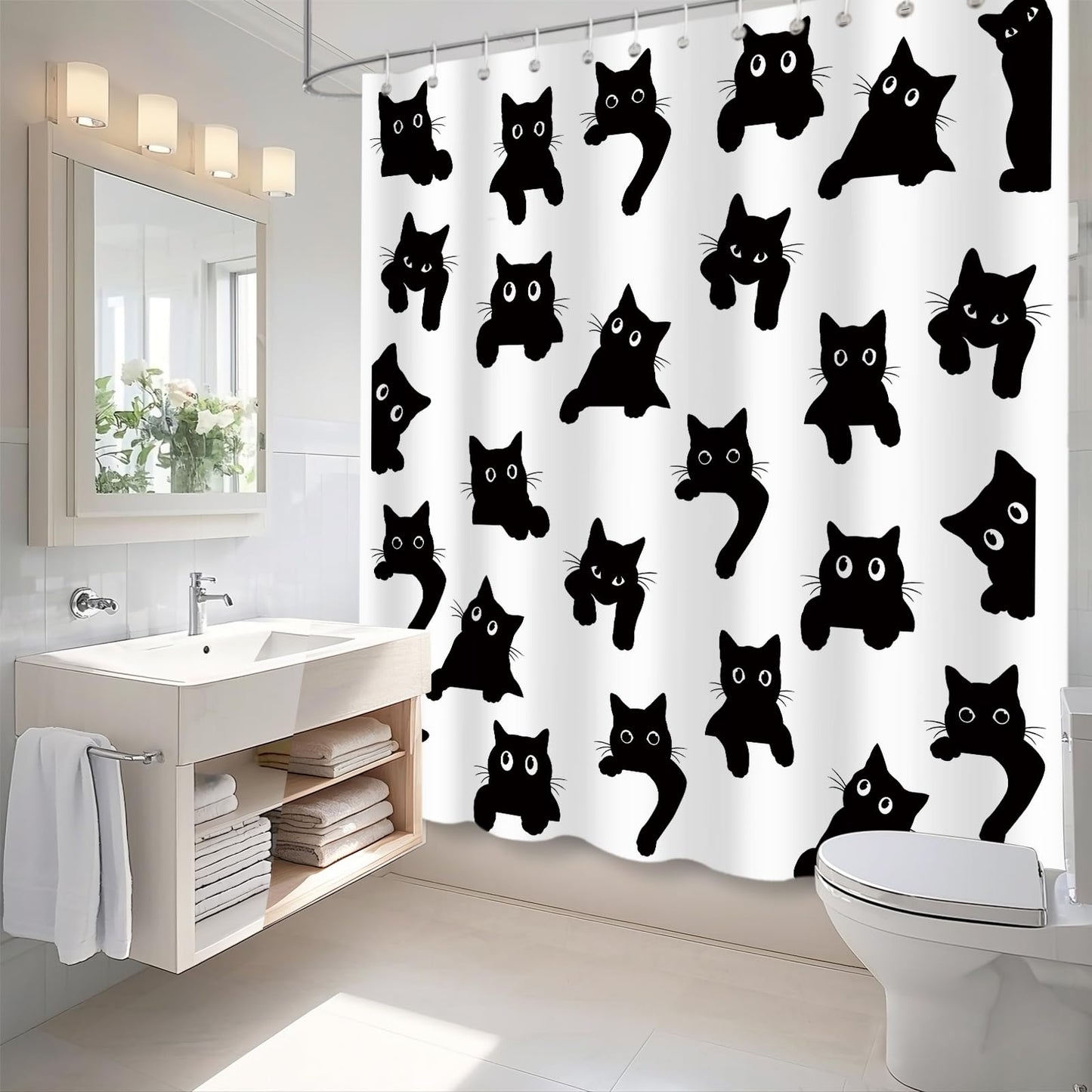 APROPHIC Cute Cat Shower Curtain 72x72 Inches, Funny Black Kitten Pattern Waterproof Polyester Bathroom Decor for Bathtub, Machine Washable Privacy Curtain for Bathroom, Bedroom with 12 Hooks