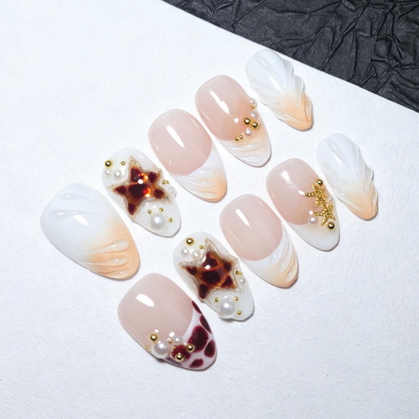 EasierGlow 10 Pcs Handmade Short Almond Press On Nails - Easy Apply & Remove, Reusable & Salon Quality | Nude Gradient Press Ons with 3D Star, Pearl & Swirl Sculpted Accents(UO05, S)