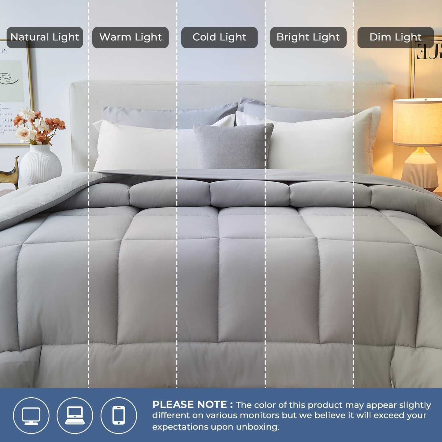 Sasttie Queen Comforter Set, 7 Pieces Bed in a Bag Queen, Complete Bedding Set Includes Comforter, Flat Sheet, Fitted Sheet, Pillowcases and Pillow Shams, Ivory & Light Grey