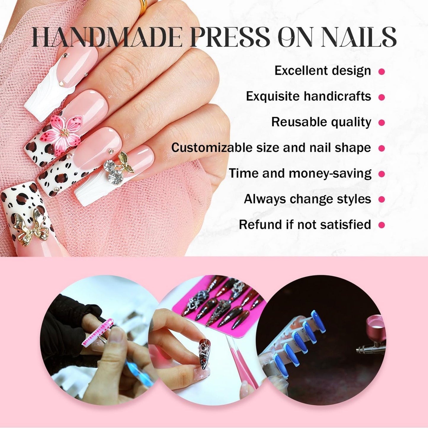 Flower Press on Nails Handmade Press on Nails 3D Floral Embossed and Golden Steel Ball Designs Medium Almond Fake Nail French False Nails Thick Acrylic Nail Stick on Nails for Women（Size S)