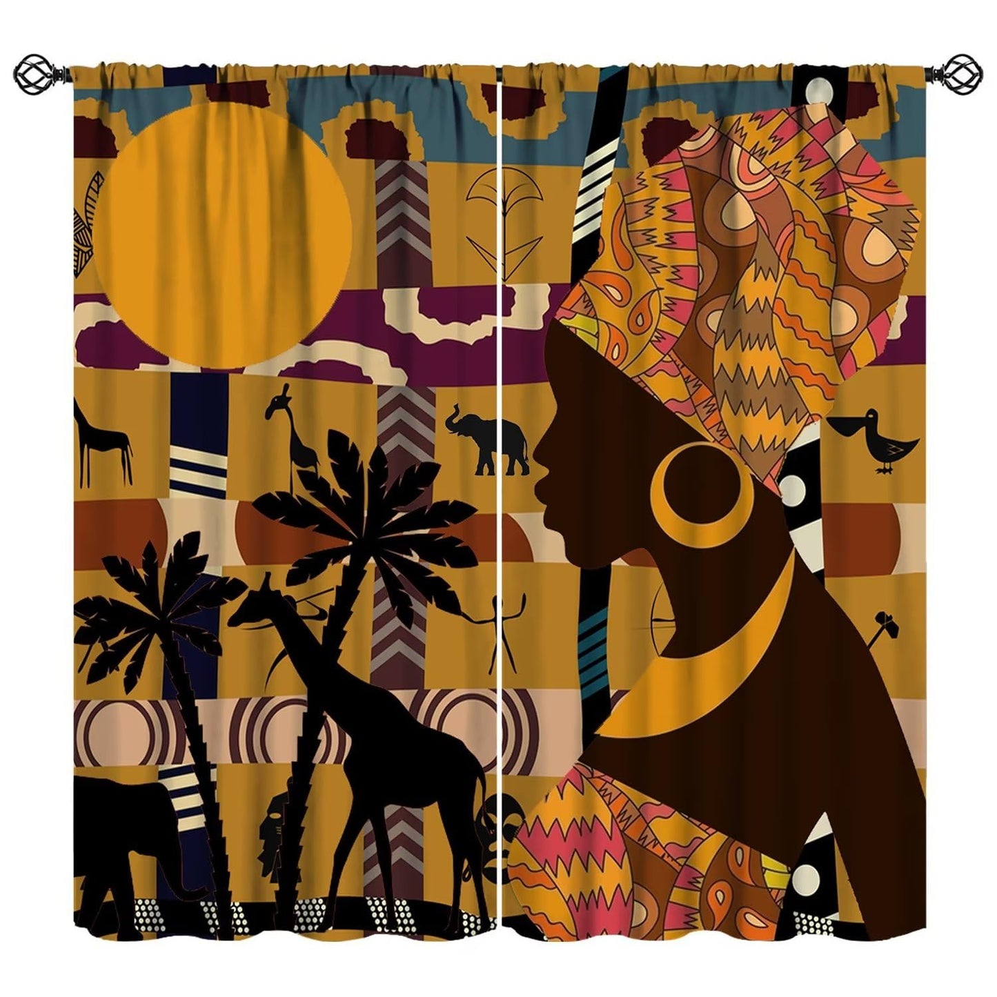 JESTRONRY Black Girl Curtains for Living Room,African Woman Window Treatments Kids Bedroom Curtain,Tropical Landscape Style Home Decor Blackout Drapes W42xL45in