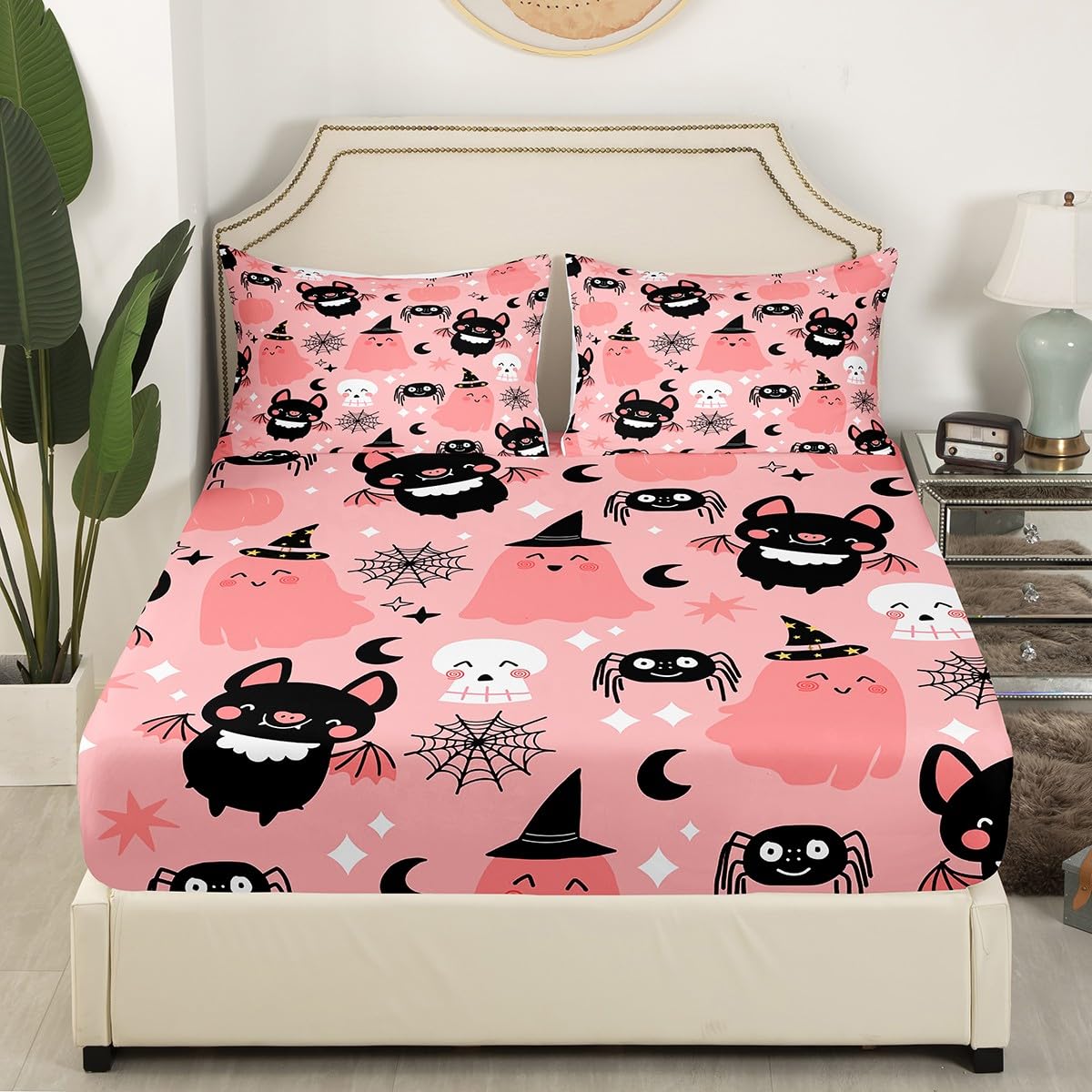Feelyou Pink Halloween Bat Kids Full Size Bedding Set Decoration Cute Ghost Toddler Sheets Set for Boys Girls Kawaii Skull Fitted Sheet Pink Bed Sheet Set Collection