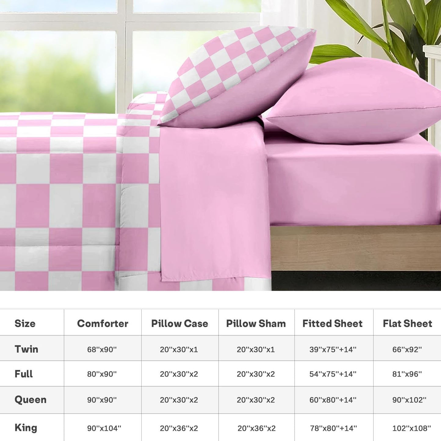 Nesker Comforter Set King Size, Light Pink Plaid Gingham 7 Pcs Bedding for Kids and Adults, Checkerboard Grid Bed Sheet Sets with Fitted Sheet 2 Pillowcases & 2 Shams