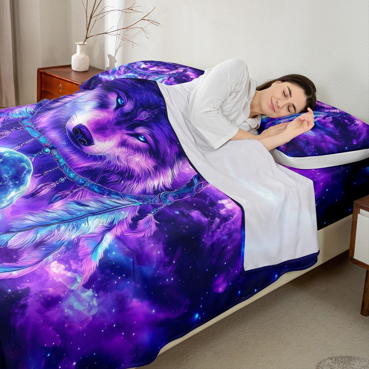 Erosebridal Wolf Flat Fitted Sheet Full Tribal Animal Bed Set Bohemian Feather Wildlife Bed Sheets Set for Kids Boys Adult Bedroom Decor Starry Sky,Purple Blue Bedding Sets with 2 Pillow Cases