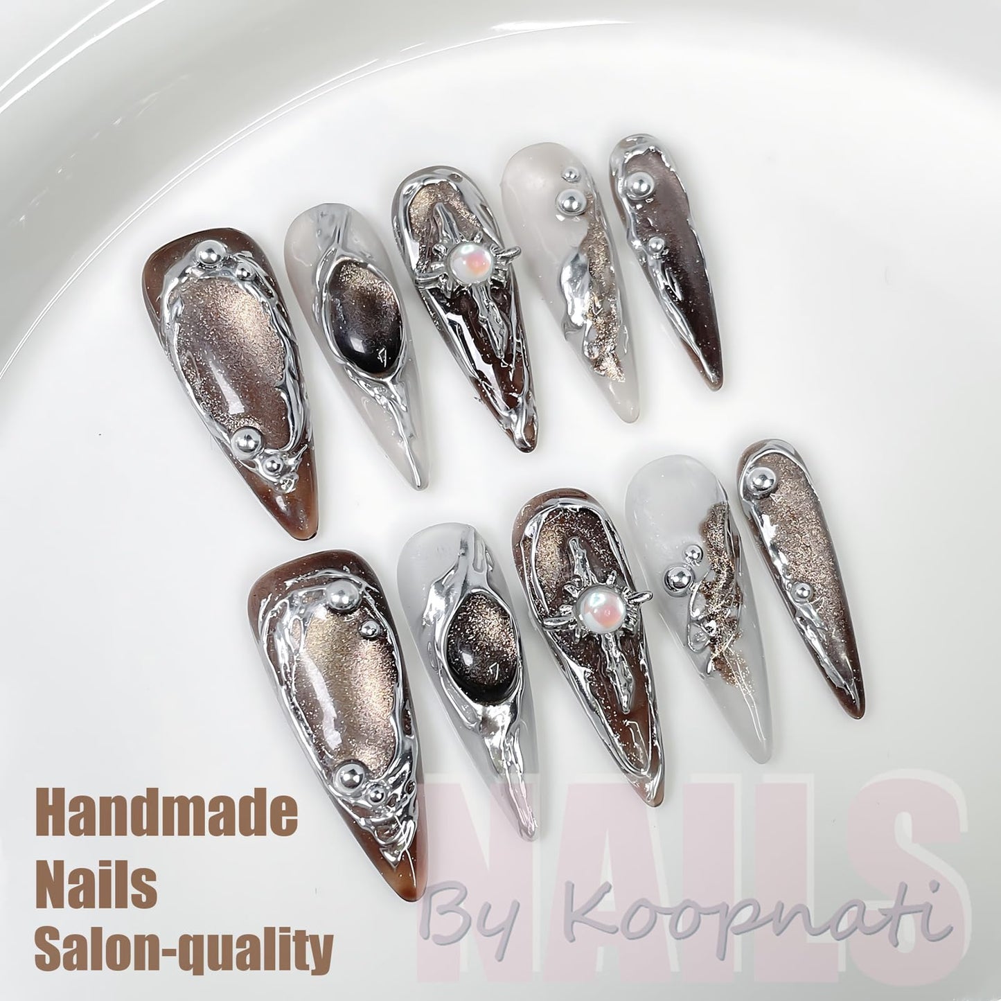 Handmade Press On Nails Long Almond Homemade Press On Nails French Tip With 3D Design Fake Nail Art For Women M