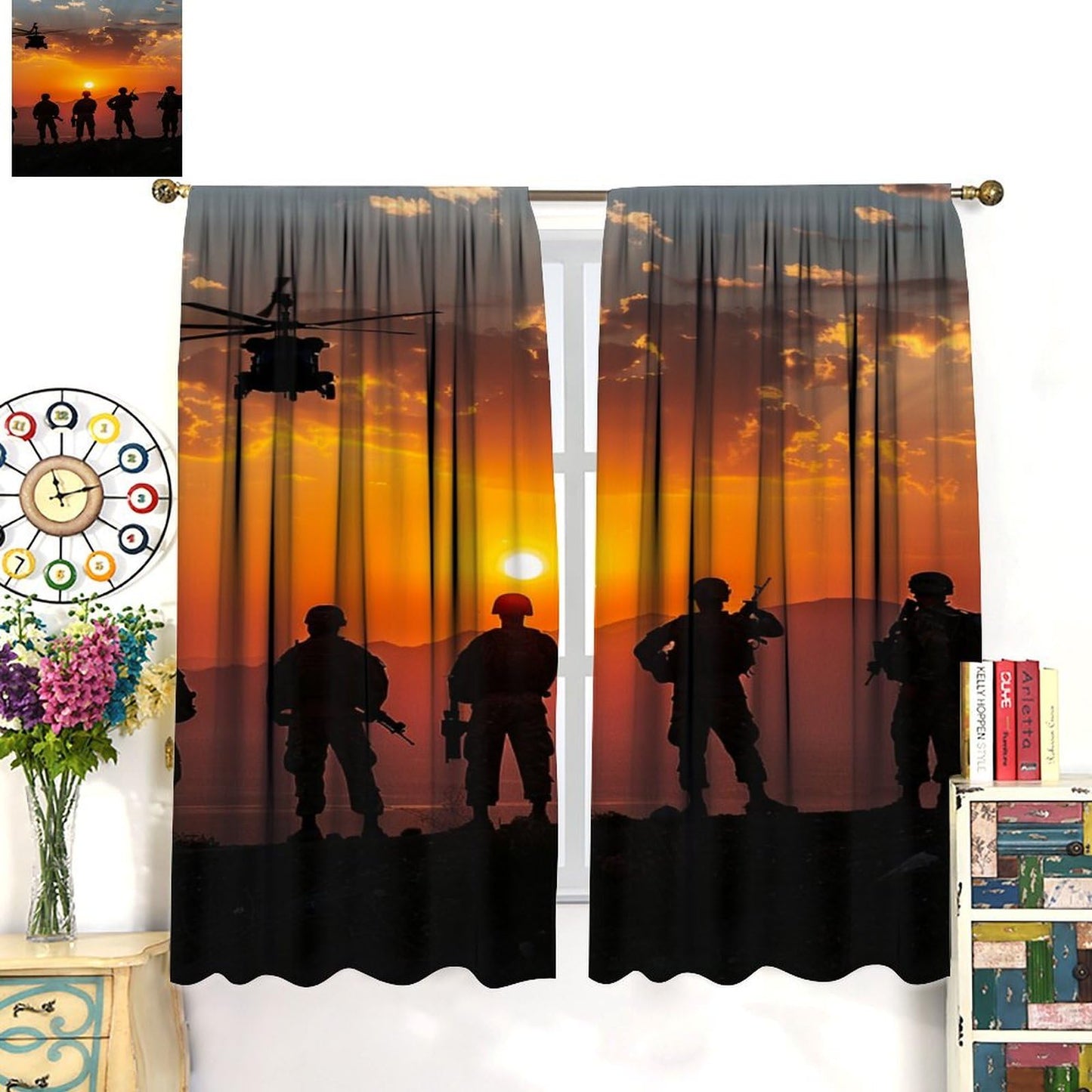 TOWINSFB Fine Military Silhouette Blackout Curtains for Living Room Bedroom, Americana Soldier Helicopter Window Curtains Rod Pocket Thermal Insulated Window Drapes, 2 Panels, Each 21" W x 63" L