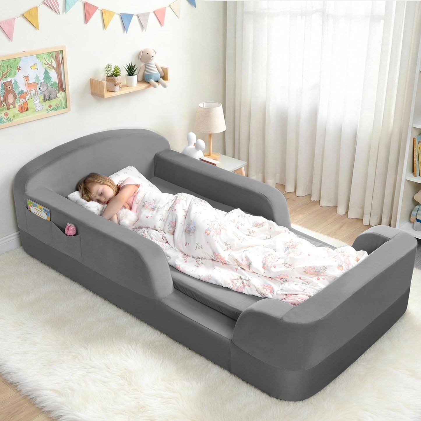 ENITYA Toddler Floor Bed, No Assembly Needed, Mattress Included, Boneless Kids Foam Bed with Built-in Guardrails, Ideal for Boys and Girls Aged 3-6 Years,Grey