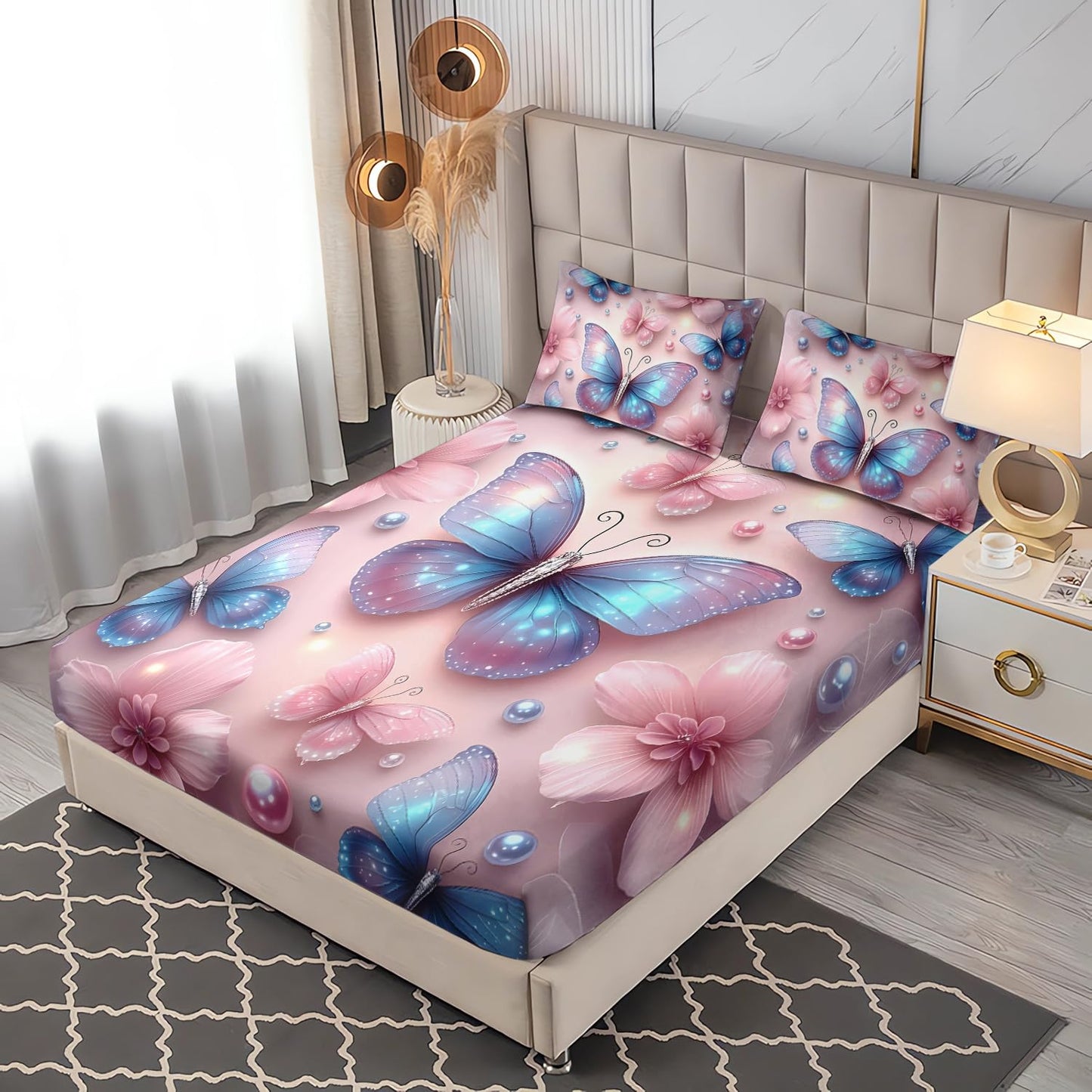 UEVBF Beautiful Blue Butterfly Fitted Sheet Set Full Size,Pink Flowers Pearl Bedding Sets for Kids Girls Toddlers Room Decor,1 Fitted Sheet+2 Pillowcases.