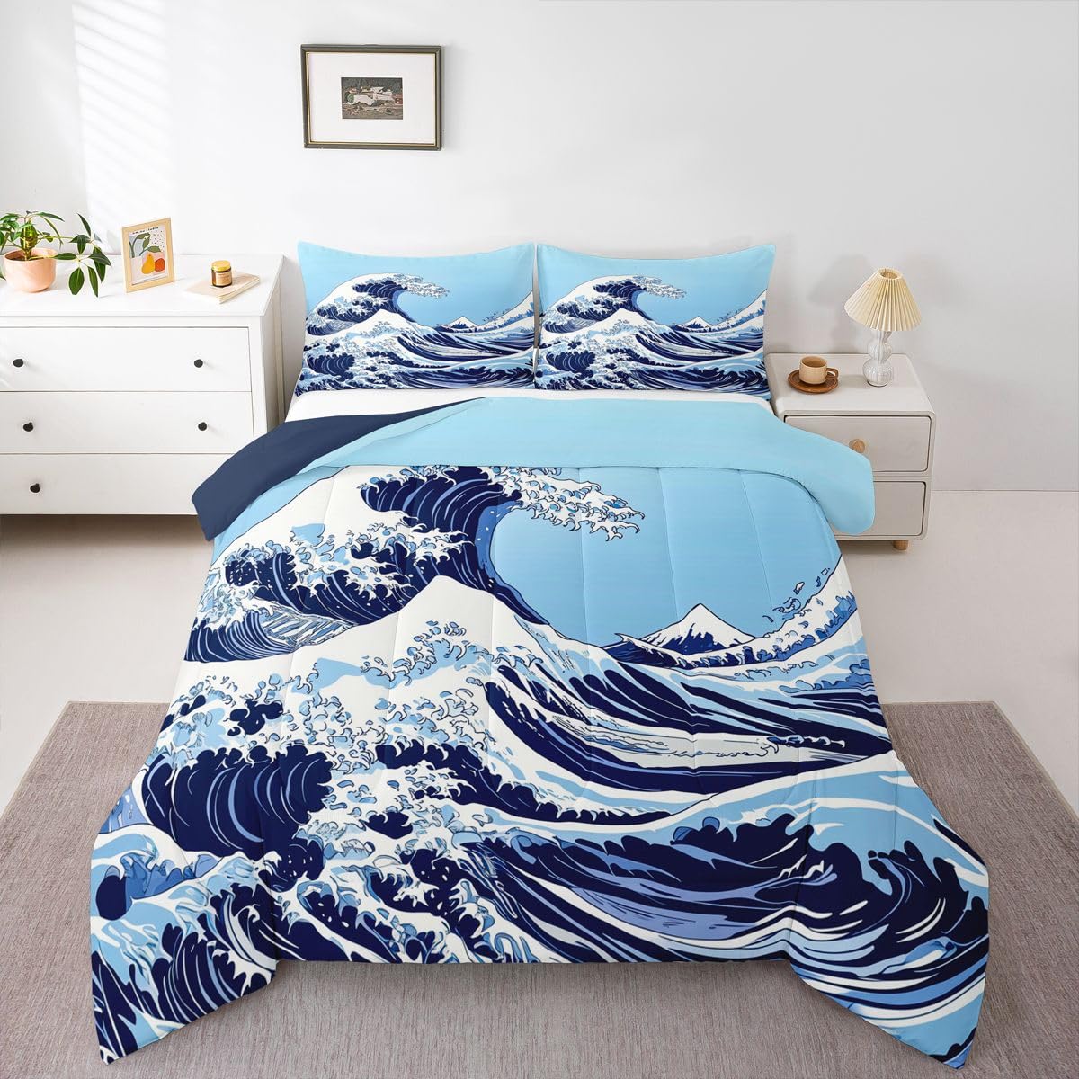jejeloiu Wave Comforter Set All Season Ocean Wave Bedding Set with 2 Pillow Cases Abstract Microfiber Kids Queen Bedclothes Japanese Style Bedroom Decor Duvet Quilt Breathable Soft Lightweight