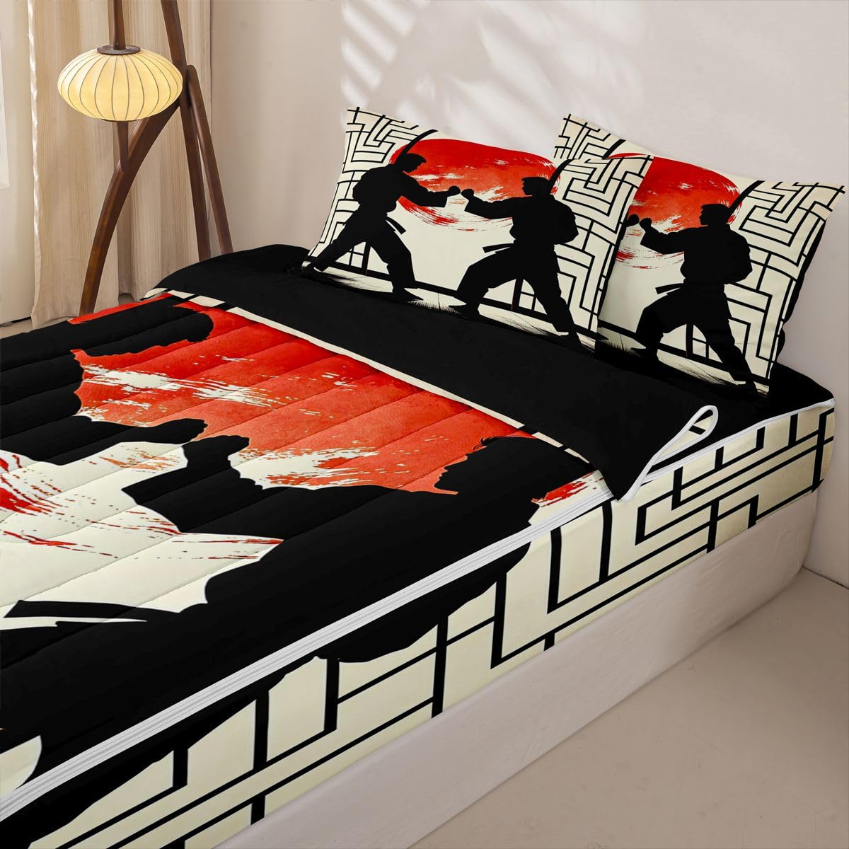 Feelyou Japanese Anime Comforter Set Full Samurai Zipper Bedding Set for Kids Boys Girls Exotic Style Bed in a Bag Microfiber with 2 Pillow Cases