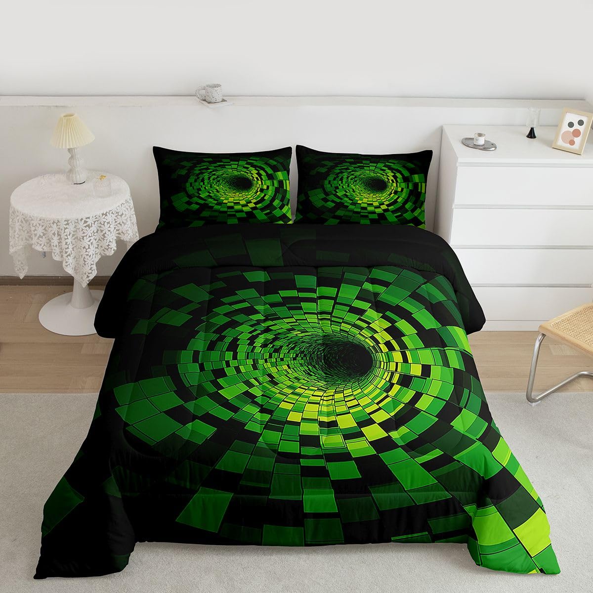 Erosebridal Geometric Bedding Set King Green Plaid Square Print Comforter Set for Kids Boys Girls Modern Grid Circle Swirl Down Comforter,Abstract Modern Quilt Duvet