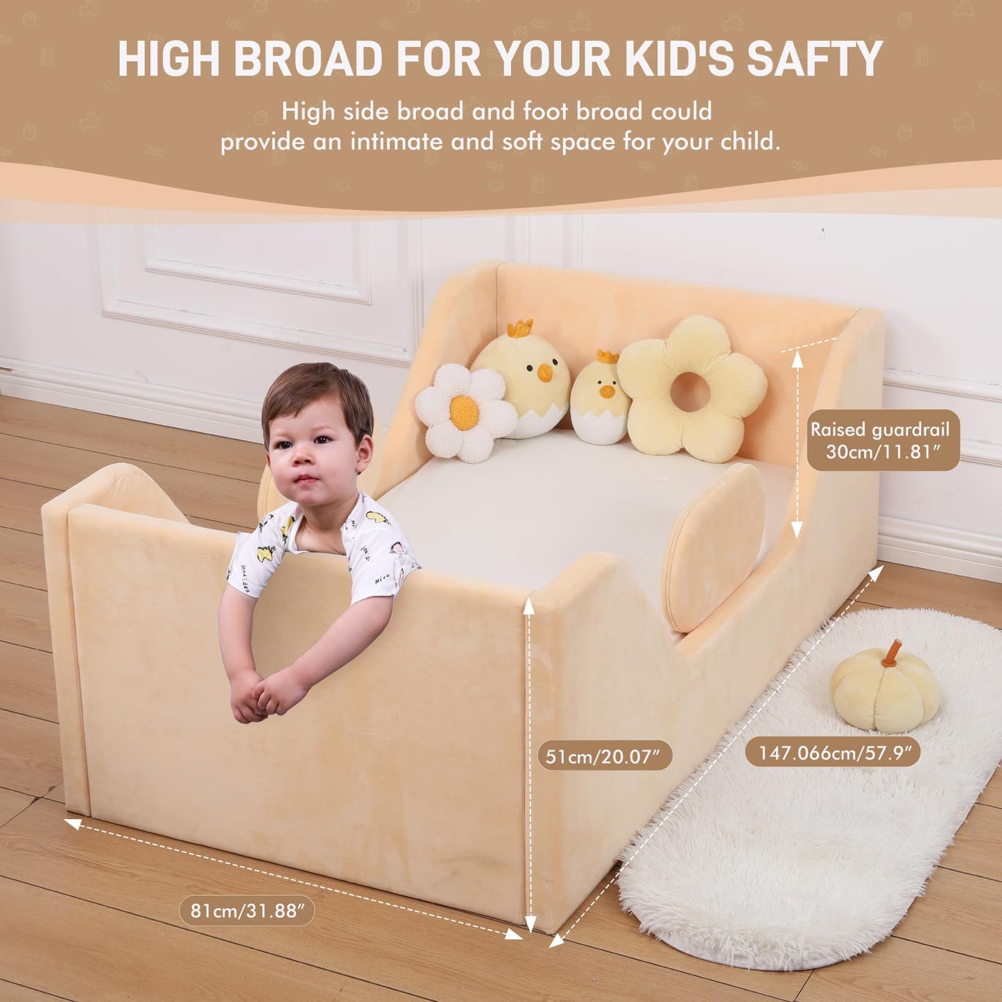 weeonekids Toddler Bed, Child Bed for Kids with Extra Safty Broad, Standard Crib Size Toddler Bed, Certified Fabric Toddler Beds,Toddler Flood Bed (Yellow)