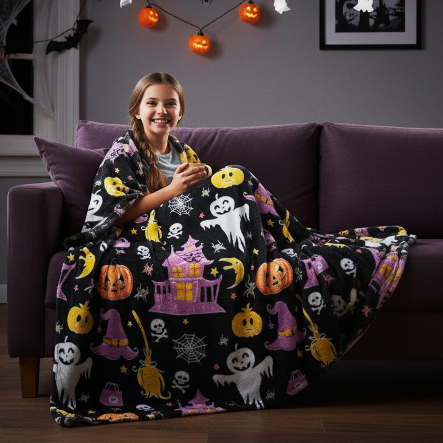 MATICAN Halloween Throw Blanket, 50" x 60" Glow in The Dark, Cozy, Plush Fleece, Midnight Glow Manor, Spooky Design
