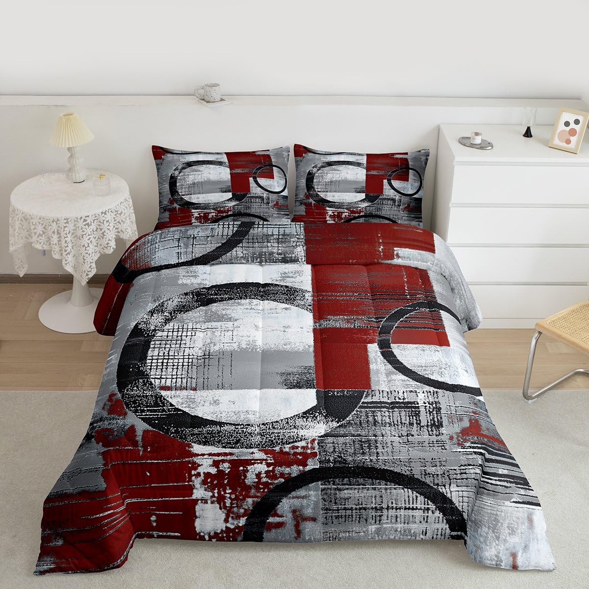 Feelyou Abstract Kids Comforter Set Full Size Modern Abstract Art Bedding Set Geometric Duvet Quilt for Kids Boys Girls Bedroom Luxury Decor Wine Ultra Soft