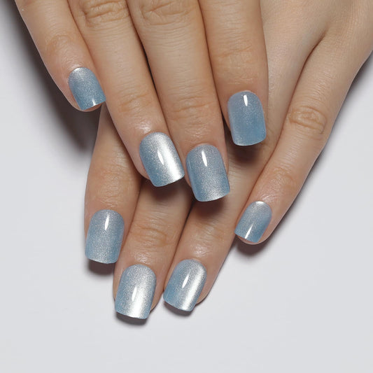 Stbisen Light Blue Press On Nails Square – Short Cat Eye Fake Nails with Color-Shifting Glow, Summer Reusable Stick On Nails, 15 Sizes, 30 Nail Kit, Thick Stick On Nails for Women, M2-Aurora Mist