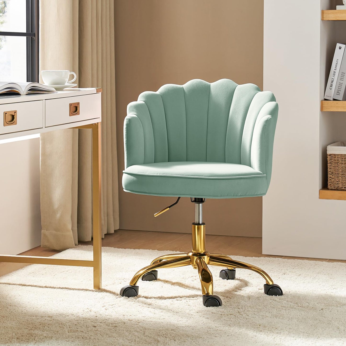 HULALA HOME Velvet Home Office Chair with Gold Base, Womans Modern Cute Shell Back Upholstered Desk Chair for Vanity, Adjustable Swivel Task Chair for Living Room, Sage