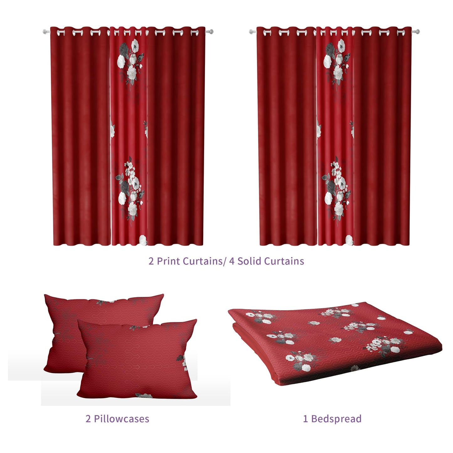 Deepsleep Queen Bedspread Set 9 Pieces, All Season Luxury Bed in a Bag for Bedroom, with 2 Pillowcases and 6 Curtains, Ultra-Soft Microfiber for Complete Bedroom Decor, Red and White Floral