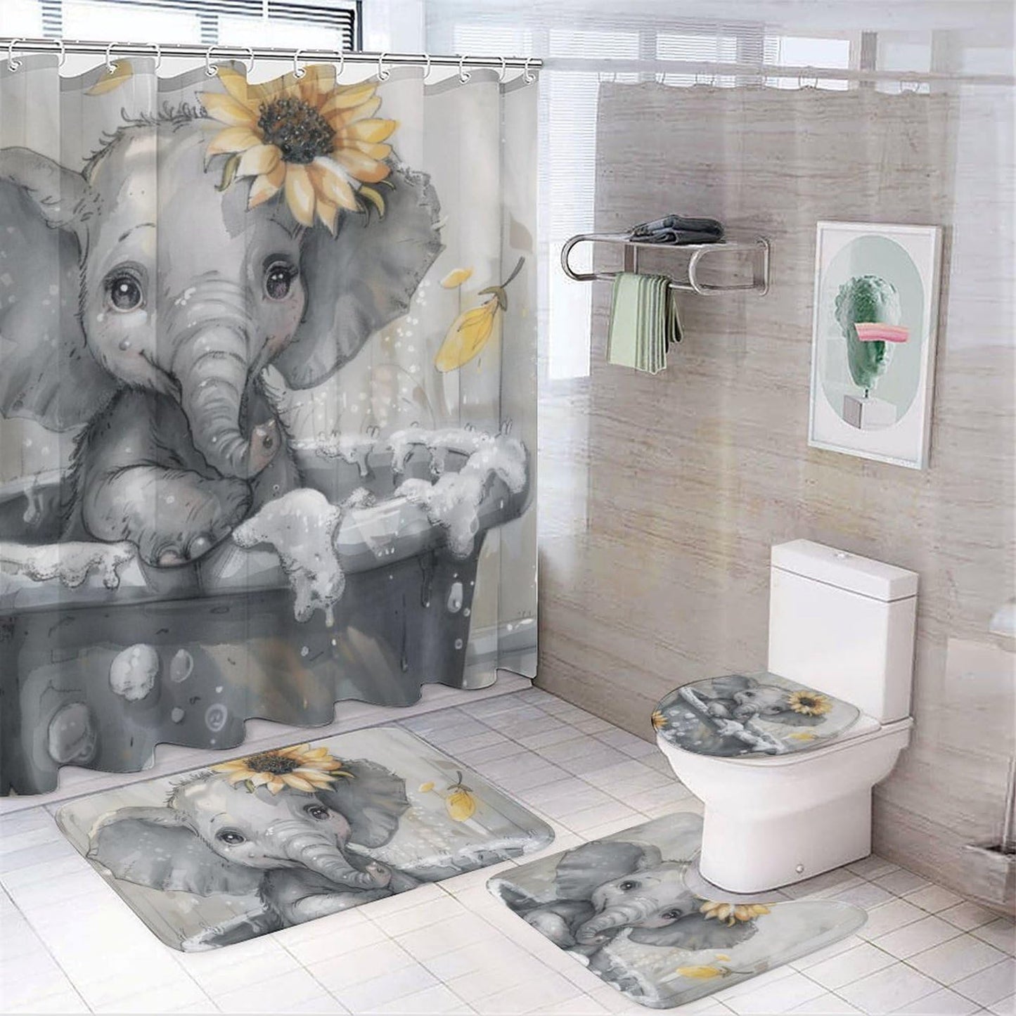 FOCCAFB 4 Piece Vintage Abstract Elephant Shower Curtain Set with Rugs, Bathtub Animal Sunflower Floral Include Bathroom Non-Slip Floor Mat, U-Shaped Bath Rug and Toilet Cover Lid with 12 Hooks