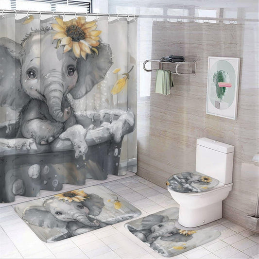 FOCCAFB 4 Piece Vintage Abstract Elephant Shower Curtain Set with Rugs, Bathtub Animal Sunflower Floral Include Bathroom Non-Slip Floor Mat, U-Shaped Bath Rug and Toilet Cover Lid with 12 Hooks