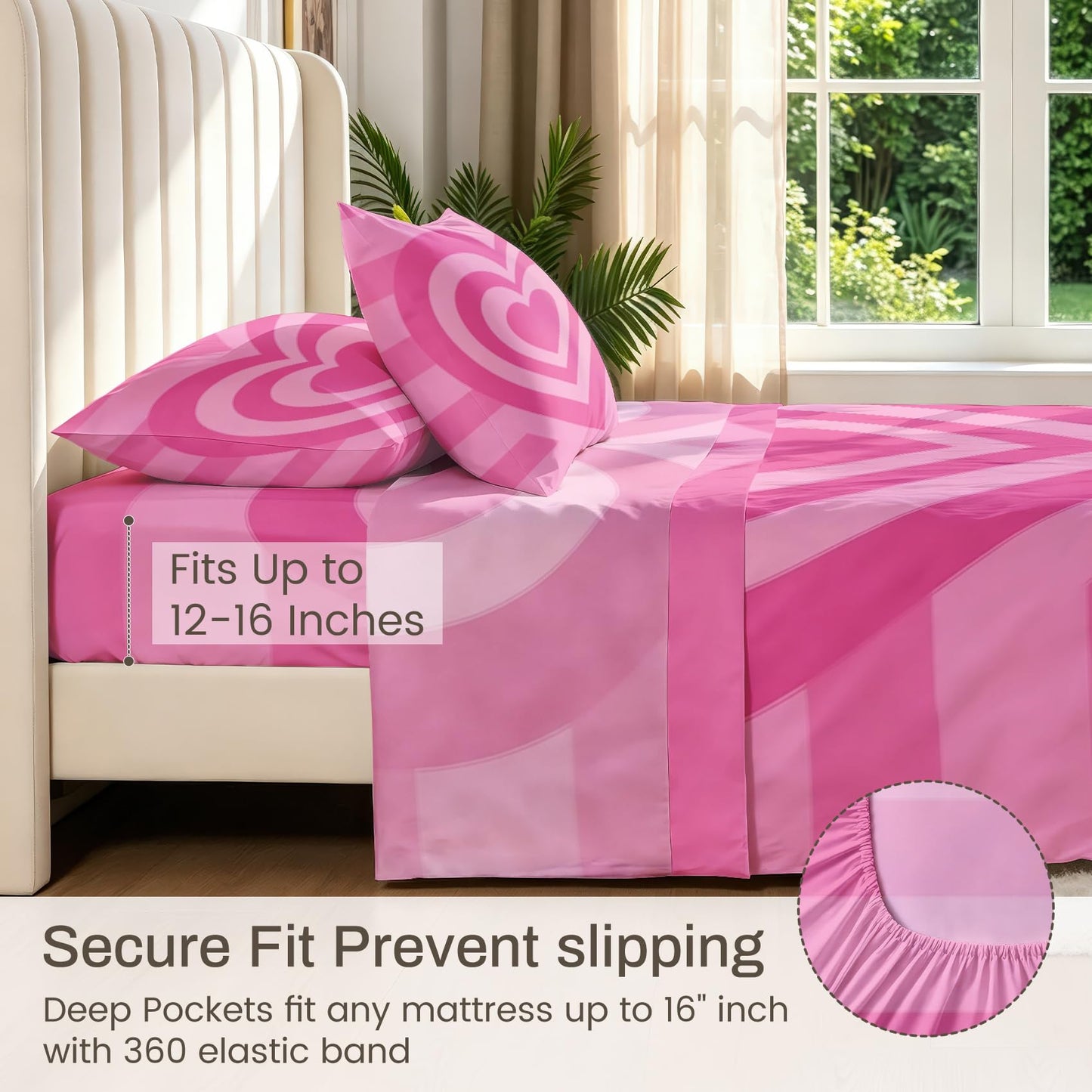 Pink Heart Striped Queen Bedding Set Retro 70s Sheet Sets