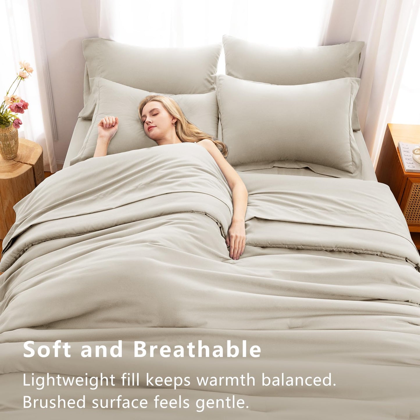 CozyLux Queen Comforter Set Beige, 7 Pieces Bed in a Bag Queen Comforter Set with Sheets, Luxury Soft Bedding Sets with Down Alternative Comforter, Fitted Sheet, Flat Sheet, Pillowcases & Shams